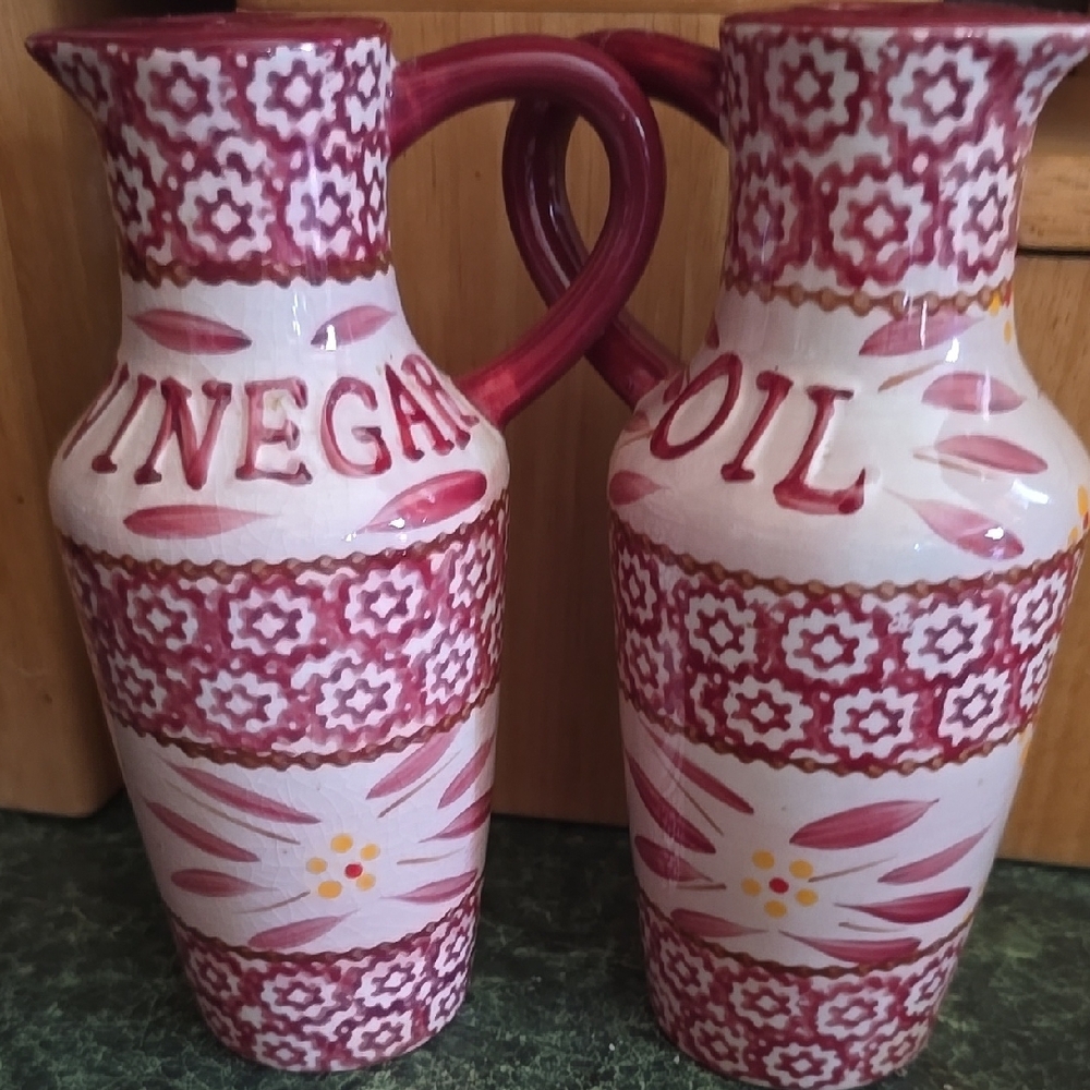 Handcrafted Ceramic Vinegar and Oil Set - Red Floral Design